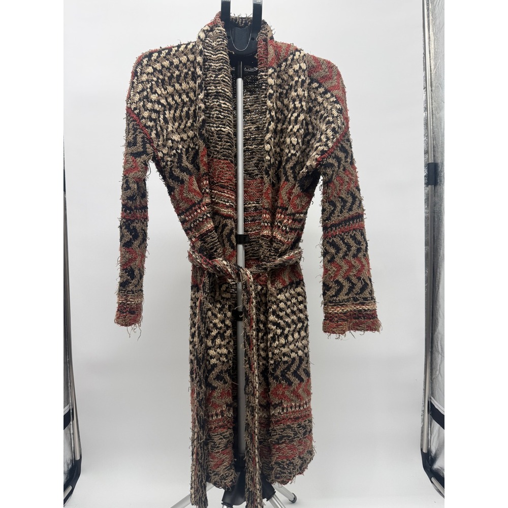 Free People Lona Long Belted Cardigan Charcoal Rose Duster Sweater Size L